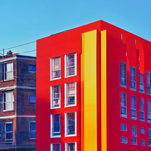 Prompt: Beautiful Photograph of a Colourful Modern-socialist Building, day-light