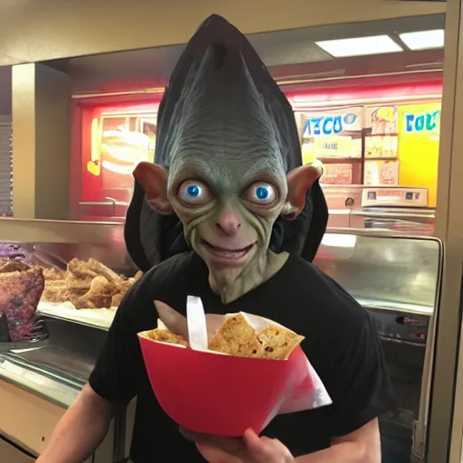 Image similar to gollum at taco bell