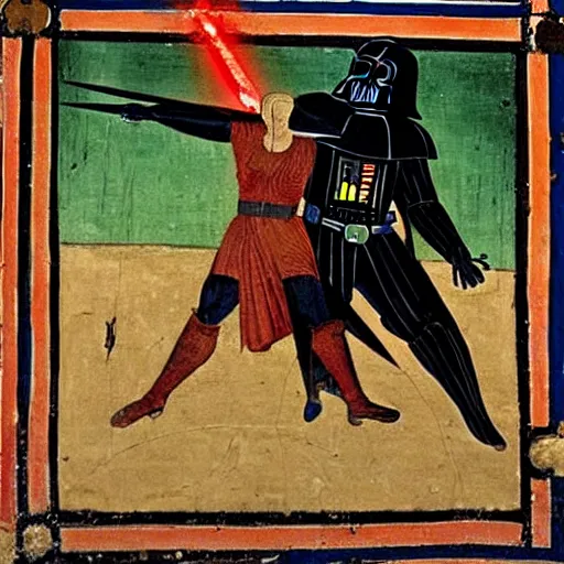 Image similar to Medieval painting of Darth Vader fighting in Rome