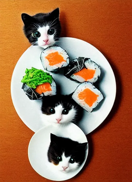 Image similar to clear photorealistic picture of adorable cats made out of sushi