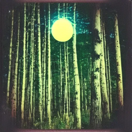 Image similar to ufo flying over a forest at night, grainy photo, old polaroid,