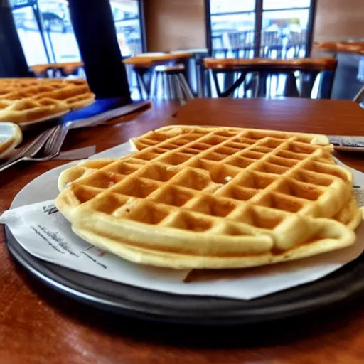 Prompt: first person perspective picture at table, wafflehouse