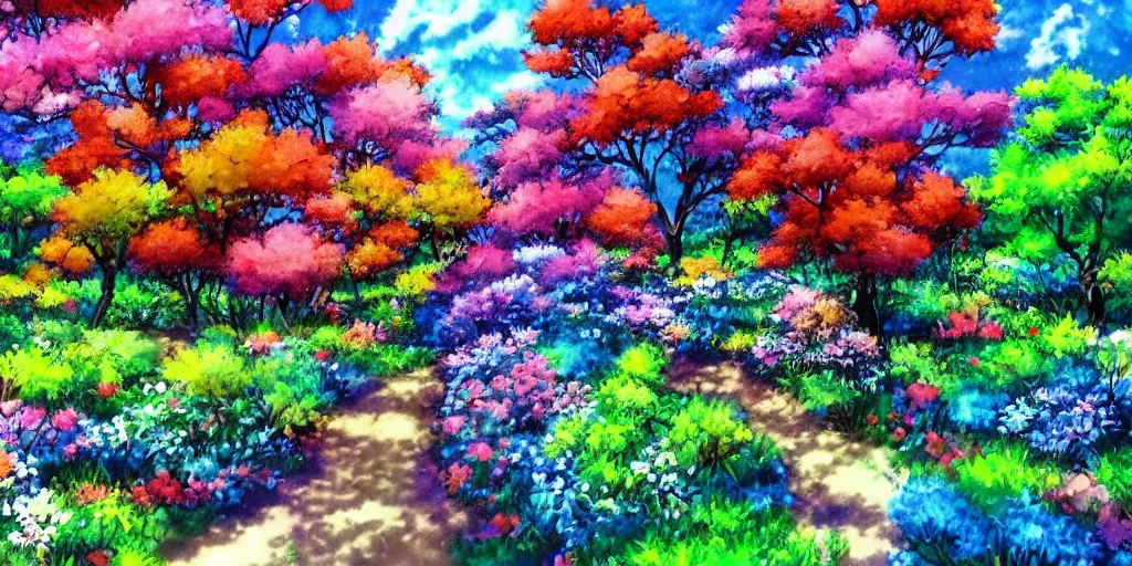 Image similar to a beautiful landscape of multi coloured flowers, trees and bushes. Anime style.