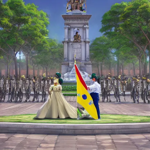 Prompt: Colombia new president at the Plaza de Bolivar by makoto shinkai , pixiv, 4k, detailed, high quality, full colored,