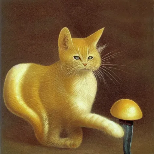 Prompt: a small domestic housecat with a golden mushroom growing atop its head