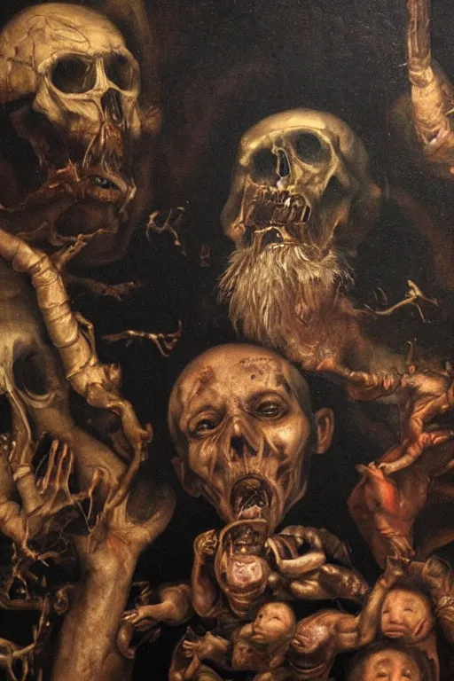 Image similar to the last human on earth, detailed baroque oil painting, dark, disturbing