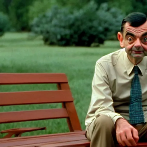 Image similar to mr. bean as forest gump. movie still. cinematic lighting.