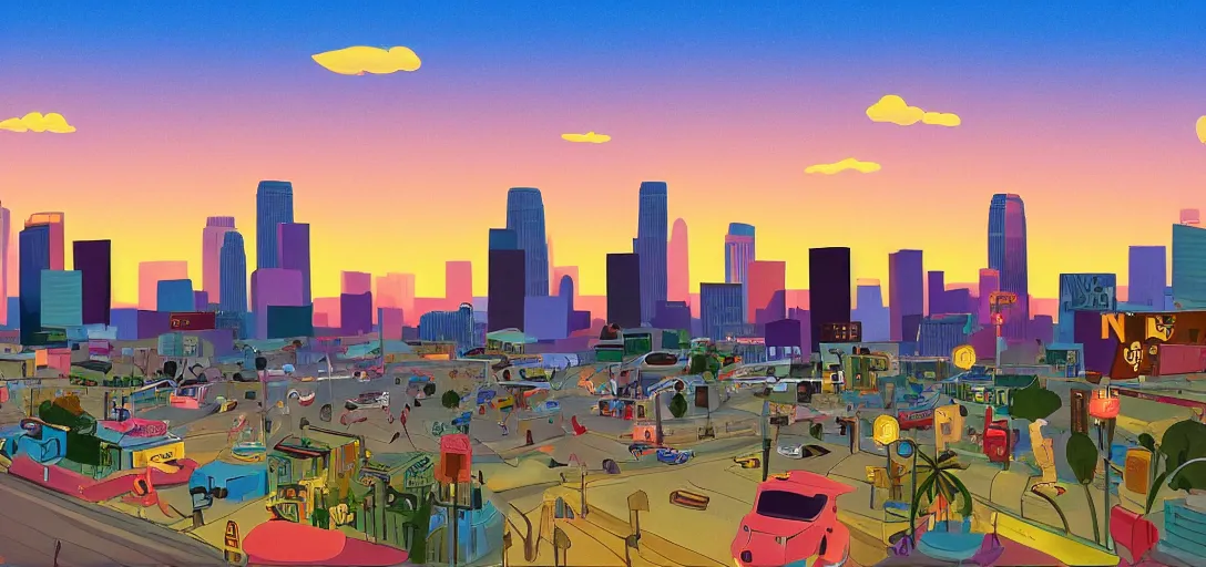 Image similar to cartoony skyline of l. a. at dusk by lou romano, pixar, disney