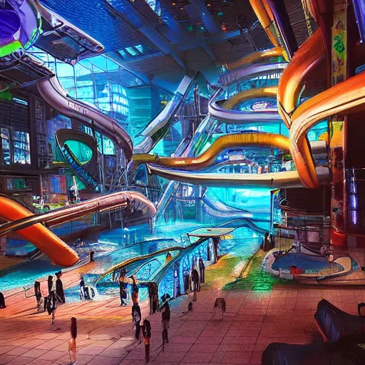 Prompt: futuristic cyberpunk waterpark, digital art, highly detailed, epic composition, cinematic lighting