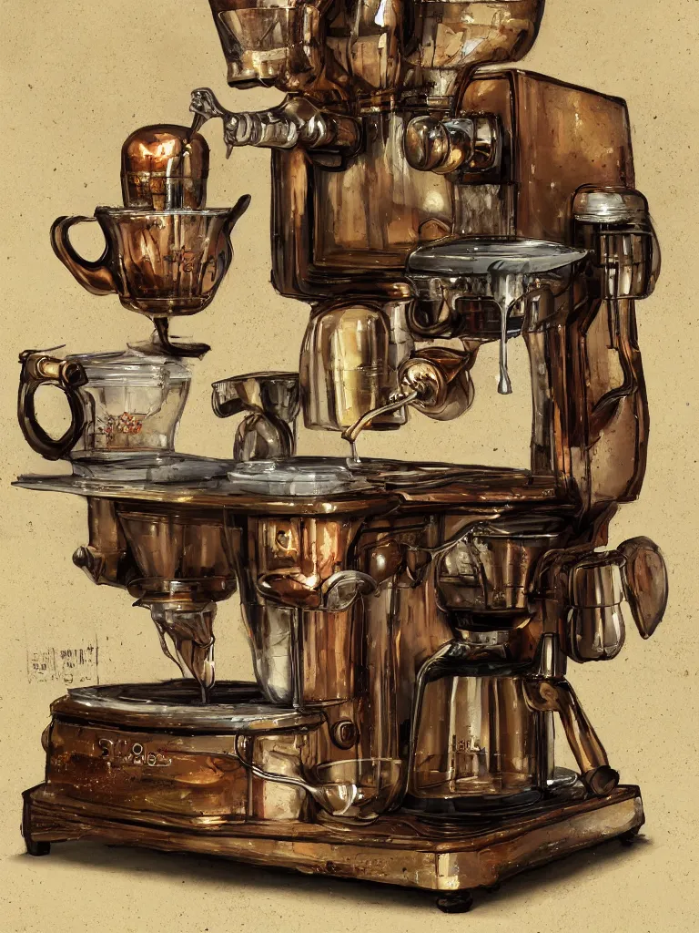 Prompt: wide angle product photography of an ancient coffee machine, by Simon Stalenhaag, by Yoshita Amano, by Esao Andrews, sharp focus, fresh colors, conceptart, trending on artstation