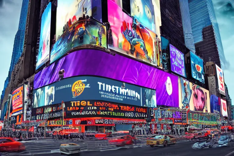 Image similar to a billboard on times square, screen show concert poster, band name is tripmachine, realistic digital art, on the screen is a 3 d render of a huge futuristic steampunk generator, 8 k, fluorescent colors, halluzinogenic, multicolored, exaggerated detailed, unreal engine, 8 0 mm