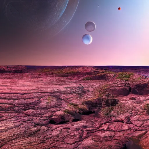 Prompt: photo of a beautiful landscape with multiple planets up in the sky, highly detailed, 4k, HDR, award-winning,