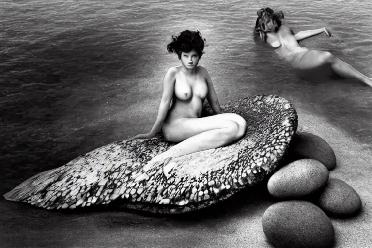 Prompt: a photo portrait of a mermaid sitting on a giant shell, photo by fashion photographer Bruce Weber, full color