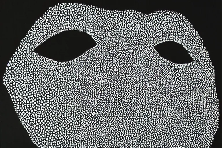 Image similar to black figure with white eyes, faceless people dark, dots, drip, stipple, pointillism, technical, abstract, minimal, style of francis bacon, asymmetry, pulled apart, cloak, hooded figure, made of dots, abstract, balaclava, colored dots