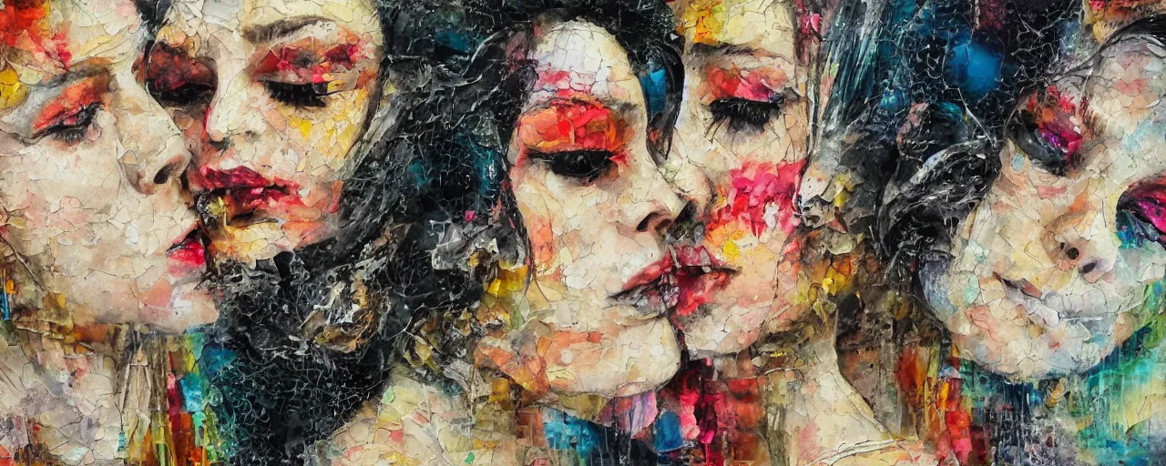 Prompt: two women kissing detailed and analogue mixed media collage with canvas texture in style of conteporary art, punk art, photorealistic, expressionism, masterpiece, perfect composition, hyperrealistic beautiful face, spectacular quality, intricate oil paint details