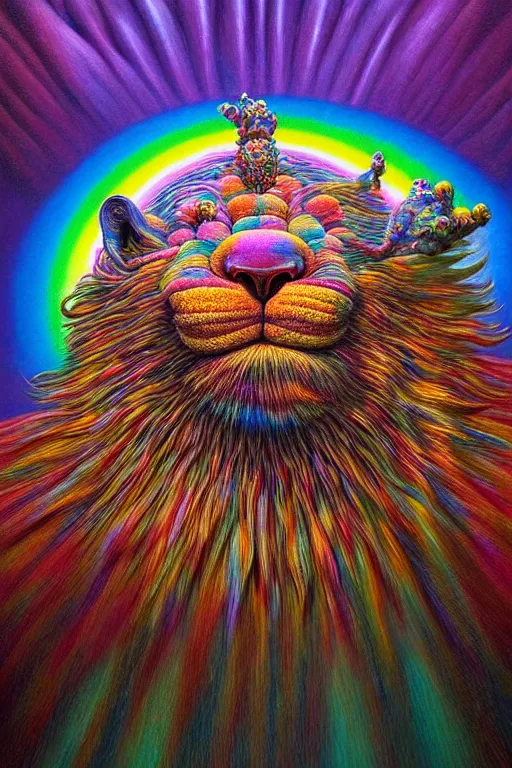 Image similar to hyperrealistic close-up baroque psychedelic!! god happy fluffy kind monster!! peaceful kind spirit of nature highly detailed concept art eric zener elson peter cinematic hard rainbow lighting high angle hd 8k sharp shallow depth of field, inspired by Zdzisław Beksiński