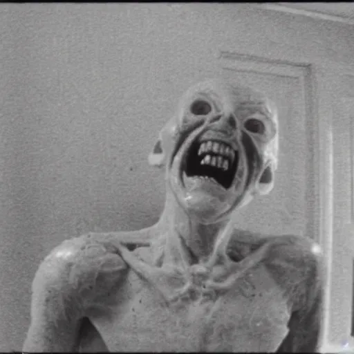 Image similar to 1 9 8 3, found footage, old abandoned house, creepy mutant flesh creature, flesh blob, smiling