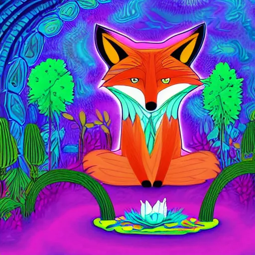 Image similar to an anthromorphic fox man meditating in a garden with a waterfall and clouds, by Lisa Frank in a psychedelic style, digital art