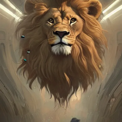 Image similar to lion in a business suit, artists portrait, futuristic, fantasy, highly detailed, digital painting, concept art, sharp focus, depth of field blur, illustration, art by artgerm and greg rutkowski and alphonse mucha