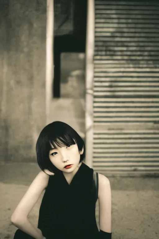 Prompt: a beautiful gorgeous Japanese edgy model girl with short hair, she's sad by Guy Bourdin, sunset, street of Hong Kong, 80mm lens, 1.2 aperture, grainy image, close up, cinematic light, very detailed, depressing atmosphere, cover magazine