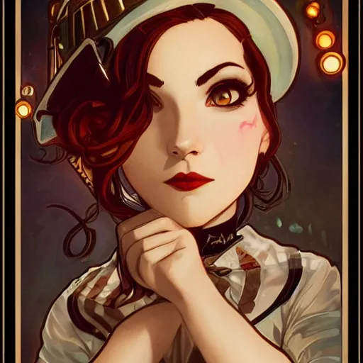 Image similar to lofi bioshock steampunk portrait, Pixar style, art by Artgerm and Greg Rutkowski and Alphonse Mucha.