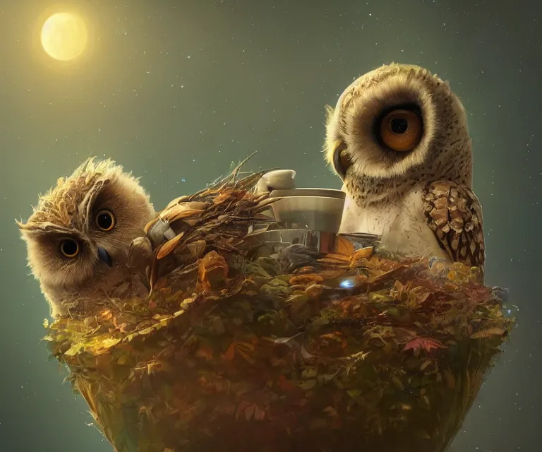 Image similar to long shot of a very cute owl chick nesting in a very futuristic cup, esao andrews, humorous illustration, hyperrealistic, big depth of field, warm colors, night scenery, low light, 3 d octane render, 4 k, conceptart, hyperdetailed, hyperrealistic, trending on artstation