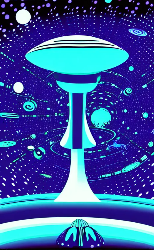 Prompt: trippy space alien mushrooms planet from the movie tron, wide angle shot, white background, vector art, illustration by frank frazetta