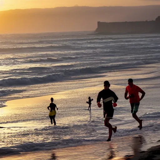 Prompt: people running on the beach in the morning