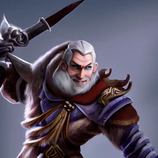 Prompt: Sven from Dota 2 holding his sword, looking at the camera with a mad face.