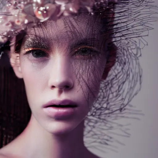 Prompt: close up of face of a fashion model in luxury dress, blurred background, official dior editorial, highly detailed