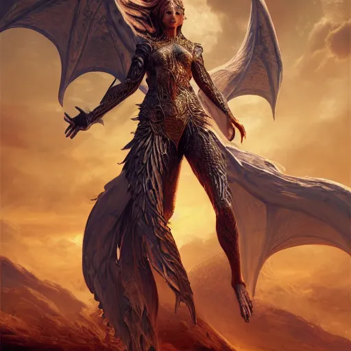 Prompt: glorious dynamic pose full body celestial goddess of dragons, intricate, portrait, 8k highly professionally detailed, HDR, CGsociety, dynamic lighting, pristine and clean design, cosplay, art by greg rutkowski, photorealistic