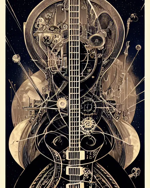 Image similar to a majestic steampunk alchemists guitar, two point perspective, furniture, high details, bold line art, by vincent di fate and joe fenton, inking, etching, screen print, masterpiece, trending on artstation, sharp, high contrast, hyper - detailed,, hd, 4 k, 8 k