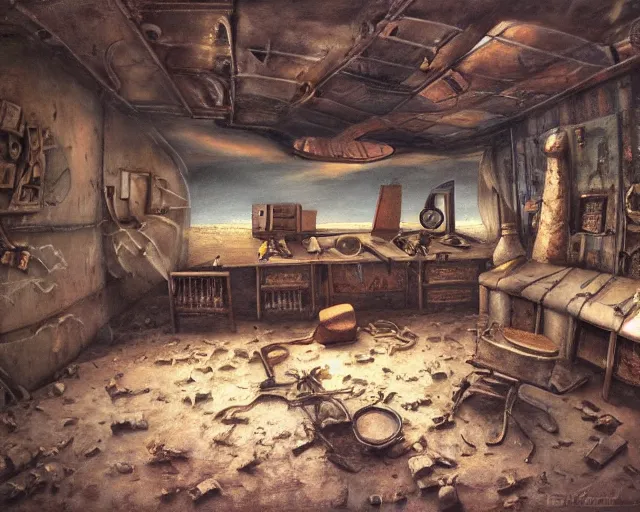 Image similar to a painting of a confusing room filled with unusual artifacts, an airbrush painting by breyten breytenbach, cgsociety!, neo - primitivism, dystopian art,! apocalypse landscape!!