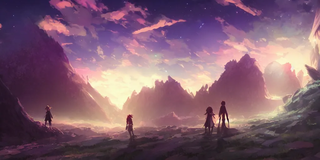 Image similar to isekai masterpiece by mandy jurgens, irina french, rachel walpole, ross tran, illya kuvshinov, deeznutz, and alyn spiller of an anime woman standing tree log looking up at giant crystals, nebula night, cinematic, very warm colors, intense shadows, ominous clouds, anime illustration, anime screenshot composite background