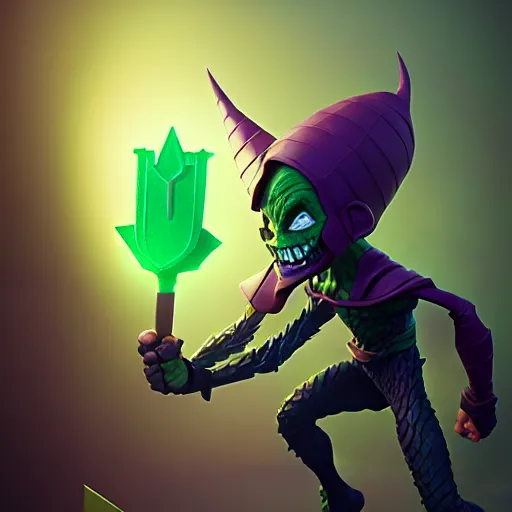 Image similar to clash royale green goblin, by tom bagshaw and ilya kuvshinov, rtx rendering, octane render 1 2 8 k, maya, extreme high intricate details by wlop, digital anime art by ross tran, medium shot, composition by sana takeda, dramatic lighting by greg rutkowski