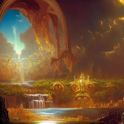 Image similar to realistic detailed view of heaven by terance james bond, russell chatham, greg olsen, thomas cole, james e reynolds, photorealistic, fairytale, art nouveau, white light, gold color, illustration, concept design, storybook layout, story board format