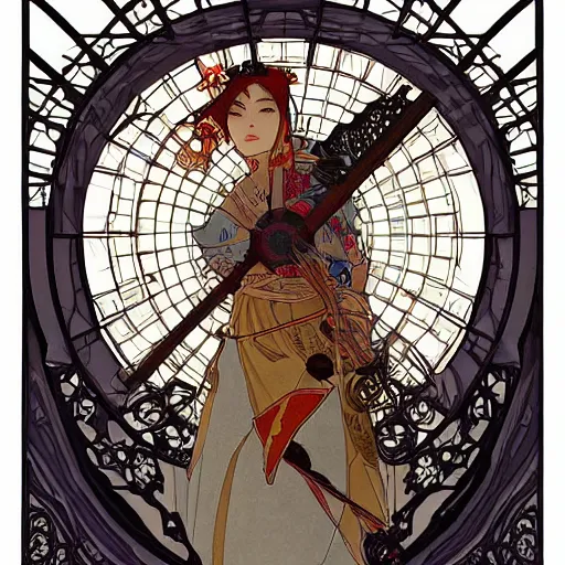 Image similar to the portal of salvation mystical japanese architecture hyperrealistic detail line work female ninja samurai ethereal character concept art wide angle shot muted colors cinematic lighting detailed and intricate style of alphonse mucha and j. c. leyendecker tarot card art print