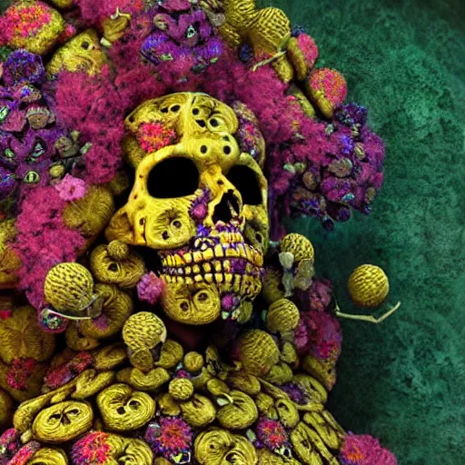 Image similar to a golden skull face african marijuanna shaman with an afro made of flowers, third eye art art by machina infinitum, complexity from simplicity, rendered in octane, mandelbulb 3 d, ambient occlusion, macro photography, felt!!! texture, tribal, neon! retrowave
