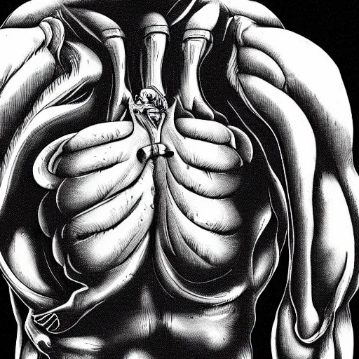 Image similar to a human bursting out of the chest of a xenomorph