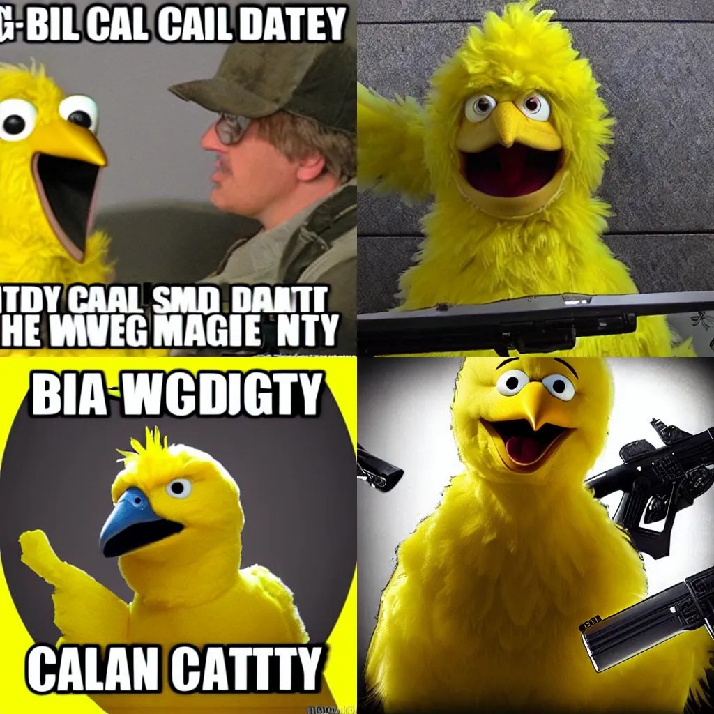 Prompt: big bird angry!! playing call of duty