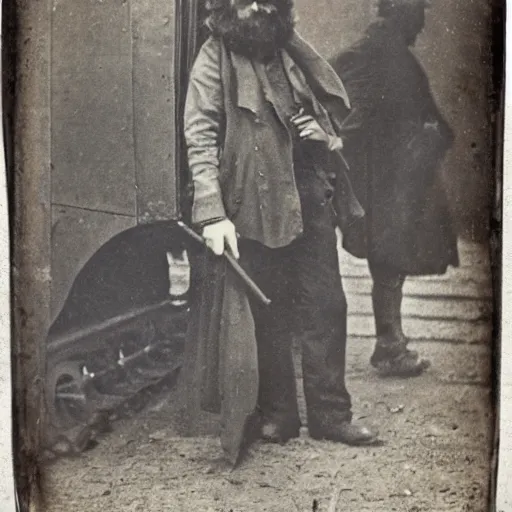 Prompt: Daguerreotype of a caveman at a train station (1867),