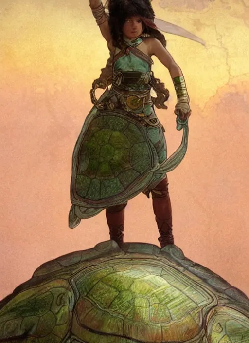 Image similar to a little warrior girl standing on top of one giant turtle in the desert. the girl has dark skin and beautiful green eyes, realistic full body and a very beautiful detailed symmetrical face with long black hair. diffuse light, dramatic sky and landscape, extreme long shot fantasy illustration by mucha