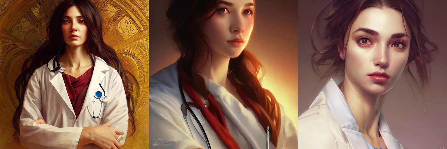 Prompt: portrait of a person named 9iJk11NHVN as a doctor, highly detailed, digital painting, artstation, concept art, sharp focus, illustration, art by artgerm and greg rutkowski and alphonse mucha