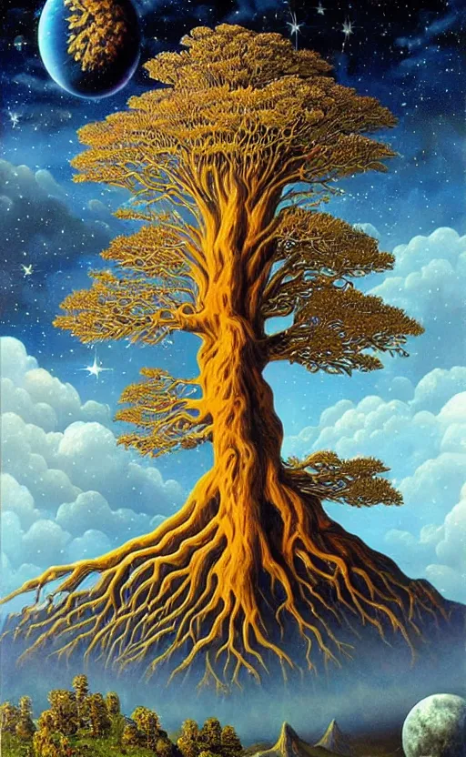 Prompt: from tree roots to the moons, beautiful intricate oil painting, mountains, beautiful nebula in the sky by jacek yerka, beautiful nebula in the sky by jacek yerka