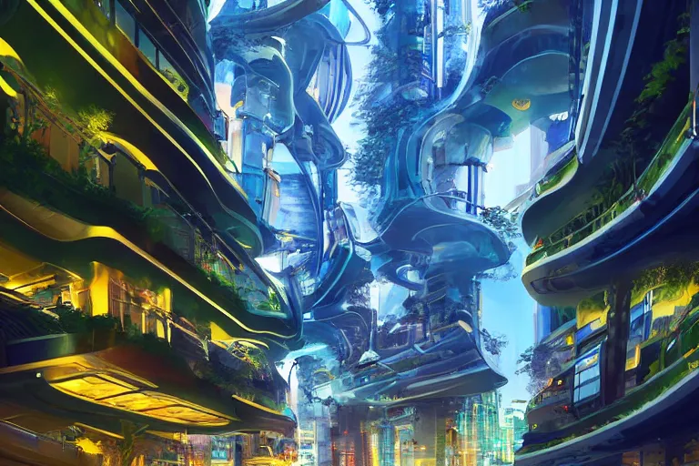 Prompt: futuristic cyberpunk city with Singaporean lush garden with royal blue and green and white and luxurious gold colors, advanced civilization, high-end street Antelope canyon, rocks formed by water erosion, walls made of beautiful smooth sandstone light beams that shine, polish narrow slots of walls into a striated swirling finish, digital painting, concept art, smooth, sharp focus, from Star Trek 2021, illustration, by WLOP and Ruan Jia and Mandy Jurgens and William-Adolphe Bouguereau, Artgerm