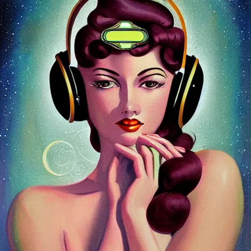 Image similar to intricate, amazing, art deco, retro vintage and romanticism, painting by bryen frost, soft color palette, highly detailed, godess with headphones from space sci - fi of ancient religion