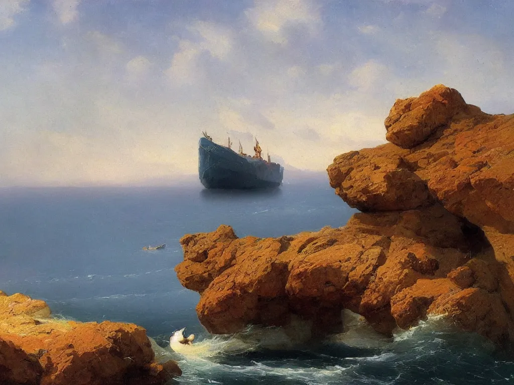 Image similar to big cat the size of a ship over the ocean, rocks, near the shore, aivazovsky style, oil painting, high quality, realism