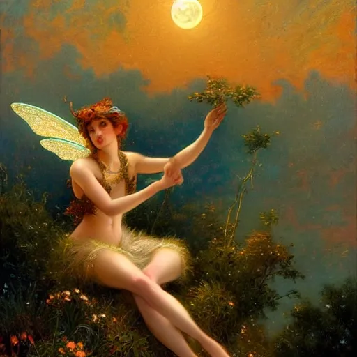 Image similar to attractive fairy magically floating high in the night, fantasy, full moon in background. highly detailed painting by gaston bussiere, craig mullins, j. c. leyendecker, mid shot, 8 k
