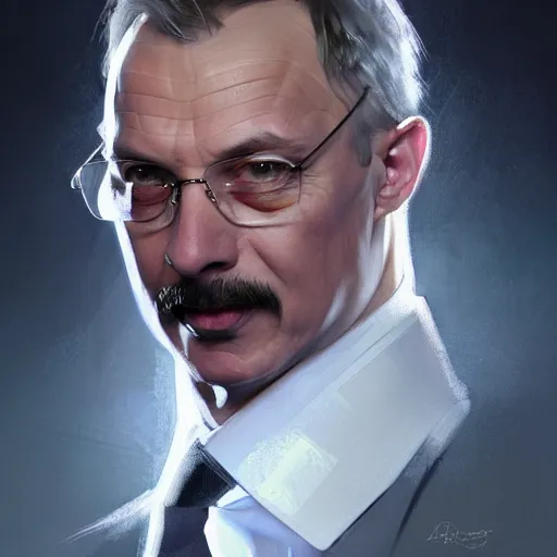 Image similar to beautiful portrait of hockey coach the Professor Larionov Igor, fantasy, intricate, elegant, highly detailed, digital painting, artstation, concept art, smooth, sharp focus, luxury fashion illustration, art by artgerm and greg rutkowski and alphonse mucha, brightly lit cinematic soft lighting, photorealistic