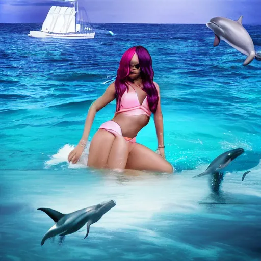 Image similar to rihanna in the ocean with seapunk dolphins, seapunk, creative photo manipulation, creative photoshop, digital art
